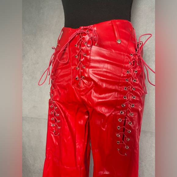 Red Lace-Up Boot Cut Pants - Picture 3 of 6